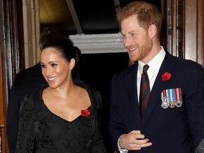 Britain's Prince Harry and Meghan, Duchess of Sussex, attend the annual Royal British Legion Festival of Remembrance at the Royal Albert Hall, London, England, on Nov. 9, 2019.