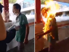 A Chinese man who apparently disagreed with pro-democracy protesters in Hong Kong was set on fire on Monday. (Twitter)