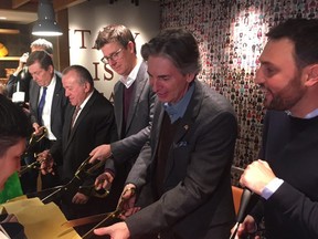 Toronto mayor John Tory, left, was joined by Italy Consul General Eugenio Sgr, Galen Weston Jr. and Tony Grossi of Wittington Properties, and Eataly CEO Nicola Farinetti at the opening to Eataly Toronto at the Manulife Centre on Wednesday, Nov. 13 2019.