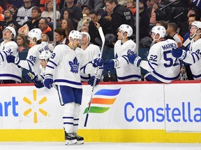 Maple Leafs centre Jason Spezza (19) celebrates his goal against the Flyers during the second period at Wells Fargo Center in Philadelphia, on Saturday, Nov. 2, 2019.