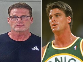 Jim Farmer is seen in his police mug shot (L) and in a 1990 file photo during a Seattle Supersonics game.
