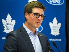 Maple Leafs general manager Kyle Dubas addresses the media during training camp at the Ford Performance Centre in Toronto, Sept. 12, 2019.