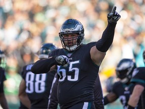Lane Johnson of the Philadelphia Eagles reacts after a touchdown against the Chicago Bears at Lincoln Financial Field on November 3, 2019 in Philadelphia. (Mitchell Leff/Getty Images)