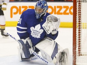 Toronto Maple Leafs Frederik Andersen makes a huge point blank save during the OT as the Las Vegas Knights were on the power play in Toronto on Thursday November 7, 2019. Jack Boland/Toronto Sun/Postmedia Network