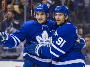 Toronto Maple Leafs' John Tavares (right) celebrates his goal with Zach Hyman during action against San Jose Sharks at the Scotiabank Arena in Toronto on November 28, 2018. Ernest Doroszuk/Toronto Sun