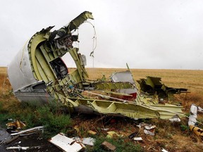 This file photo, taken on Sept. 9, 2014, shows part of the Malaysia Airlines Flight MH17 at the crash site in the village of Hrabove (Grabovo), some 80 km east of Donetsk, Ukraine.