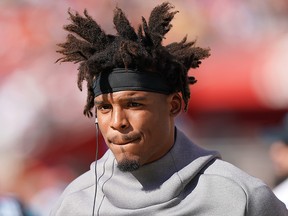 Cam Newton of the Carolina Panthers looks on from the sidelines against the San Francisco 49ers during an NFL football game at Levi's Stadium on Oct. 27, 2019 in Santa Clara, Calif.