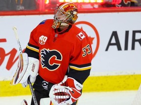 Flames goalie David Rittich reacts after giving up a goal Vladislav Kamenev of the Colorado Avalanche during NHL hockey in Calgary on Tuesday November 19, 2019. Al Charest / Postmedia