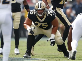 Andrus Peat of the New Orleans Saints lines up on the line of scrimmage during the first half of a game against the Los Angeles Rams at Los Angeles Memorial Coliseum on Sept. 15, 2019 in Los Angeles.