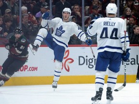 Maple Leafs left wing Pierre Engvall (left) celebrates his goal against the Coyotes during the second period at Gila River Arena in Glendale, Ariz., on Thursday, Nov. 21, 2019.