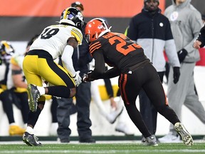 Damarious Randall of the Cleveland Browns hits Diontae Johnson of the Pittsburgh Steelers at FirstEnergy Stadium on November 14, 2019 in Cleveland. (Jamie Sabau/Getty Images)