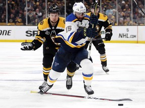 Robby Fabbri of the St. Louis Blues is pursued by Charlie McAvoy of the Boston Bruins during Game 2 of the Stanley Cup Final at TD Garden on May 29, 2019 in Boston. (Bruce Bennett/Getty Images)