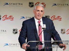 Ron Francis speaks to reporters in Seattle after he was introduced as the first general manager for Seattle's yet-to-be-named NHL hockey expansion team. (Ted S. Warren/AP)