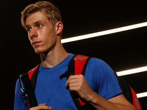 Denis Shapovalov of Canada walks out to play in his match against Gael Monfils of France on day 5 of the Rolex Paris Masters, part of the ATP World Tour Masters 1000 held at the at AccorHotels Arena on Nov. 1, 2019 in Paris, France.