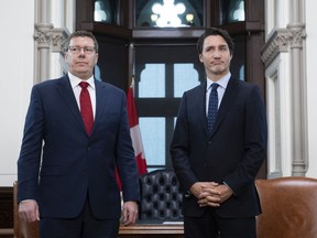 Prime Minister Justin Trudeau meets with Saskatchewan Premier Scott Moe in Trudeau's office on Parliament Hill in Ottawa on Tuesday, Nov. 12, 2019.