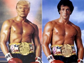U.S. President Donald Trump shared an edited image on Twitter Wednesday morning of himself as Sylvester Stallone's film character Rocky.