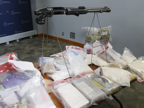 Drugs and guns on display at Toronto Police headquarters on Tuesday, November 5, 2019 after three drug squad investigations. Veronica Henri/Toronto Sun