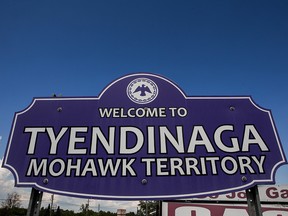 The welcome sign to Tyendinaga Mohawk Territory, outside of Belleville, Ont. on Wednesday June 26, 2019. (Postmedia file photo)