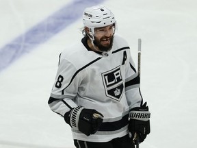 Los Angeles Kings defenceman Drew Doughty celebrates a goal from defenceman Kurtis MacDermid in Winnipeg on Tues., Oct. 22, 2019.