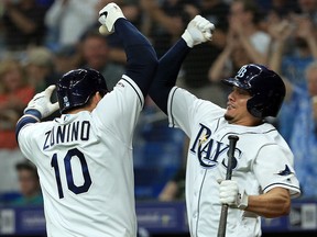 Mike Zunino of the Tampa Bay Rays celebrates a home run against the Kansas City Royals at Tropicana Field on April 22, 2019 in St. Petersburg. (Mike Ehrmann/Getty Images)