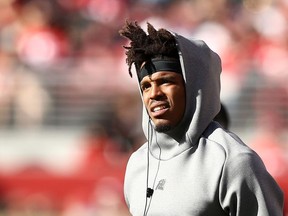 Cam Newton of the Carolina Panthers stands on the sidelines during their game against the San Francisco 49ers at Levi's Stadium on October 27, 2019 in Santa Clara, California.