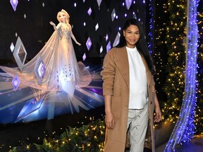 Chanel Iman poses during the Disney and Saks Fifth Avenue unveiling of "Disney Frozen 2" holiday windows on November 25, 2019 in New York City.