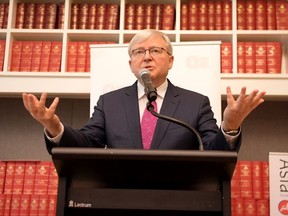 Former Prime Minister Kevin Rudd speaks at the launch of  'Red Flag, Waking Up To China's Challenges' Quarterly Essay by Peter Hartcher at Parliament House on November 26, 2019 in Canberra, Australia.
