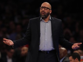 David Fizdale of the New York Knicks reacts to a call against his team in the first half against the Denver Nuggets at Madison Square Garden on Dec. 5, 2019 in New York City. (Elsa/Getty Images)