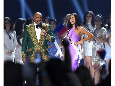 Steve Harvey interviews Miss Philippines Gazini Ganados onstage at the 2019 Miss Universe Pageant at Tyler Perry Studios in Atlanta, Ga., on Dec. 8, 2019.