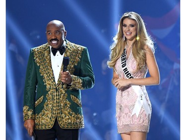 Steve Harvey interviews Miss Puerto Rico Madison Anderson onstage at the 2019 Miss Universe Pageant at Tyler Perry Studios in Atlanta, Ga., on Dec. 8, 2019.
