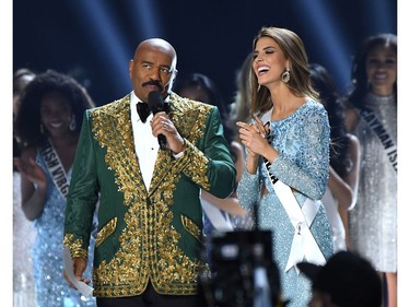 Steve Harvey interviews Miss Colombia Gabriela Tafur Nader onstage at the 2019 Miss Universe Pageant at Tyler Perry Studios in Atlanta, Ga., on Dec. 8, 2019.