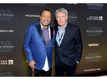 (L-R) Billy Dee Williams and Harrison Ford arrive for the 
world premiere of "Star Wars: The Rise of Skywalker," the highly anticipated conclusion of the Skywalker saga on Dec. 16, 2019 in Hollywood, Calif.
