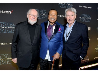 L-R) Composer John Williams, Billy Dee Williams and Harrison Ford arrive for the world premiere of "Star Wars: The Rise of Skywalker," the highly anticipated conclusion of the Skywalker saga on Dec. 16, 2019 in Hollywood, Calif.