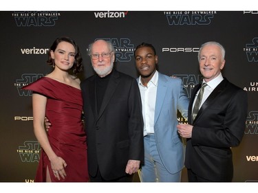 (L-R) Daisy Ridley, composer John Williams, John Boyega and Anthony Daniels arrive for the 
world premiere of "Star Wars: The Rise of Skywalker," the highly anticipated conclusion of the Skywalker saga on Dec. 16, 2019 in Hollywood, Calif.