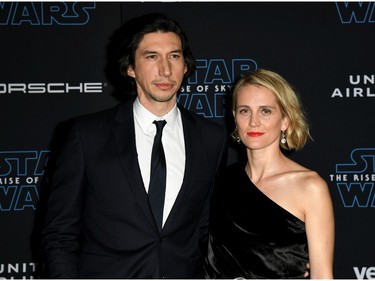 Adam Driver (L) and Joanne Tucker arrive at the premiere of Disney's "Star Wars: The Rise of Skywalker" on Dec. 16, 2019 in Hollywood, Calif.