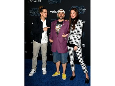 (L-R) Jason Mewes, Kevin Smith and Jennifer Schwalbach arrive at the premiere of Disney's Star Wars: The Rise of Skywalker" on Dec. 16, 2019 in Hollywood, Calif.