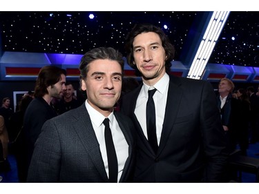 (L-R) Oscar Isaac and Adam Driver attend the world premiere of "Star Wars: The Rise of Skywalker," the highly anticipated conclusion of the Skywalker saga on Dec. 16, 2019 in Hollywood, Calif.