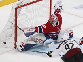 Canadiens rookie goaltender Cayden Primeau stops the shot from Colorado Avalanche's Gabriel Landeskog (92) during second period NHL action in Montreal on Thursday December 05, 2019. (Pierre Obendrauf / MONTREAL GAZETTE) ORG XMIT: 63579 - 2137