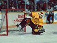Kirk McLean making a save for the Vancouver Canucks in 1989, his second season with the team.