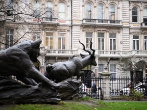 A statue titled "Lioness and Lesser Kudu" by Jonathan Kenworthy is seen outside the headquarters of Orbis Business Intelligence, the company run by former intelligence officer Christopher Steele, on January 12, 2017 in London, England.