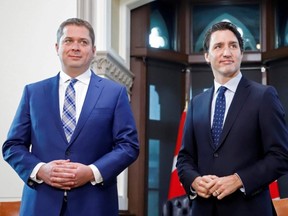 Prime Minister Justin Trudeau meets with Conservative Party leader and Leader of the Official Opposition Andrew Scheer on Parliament Hill on Nov. 12, 2019.