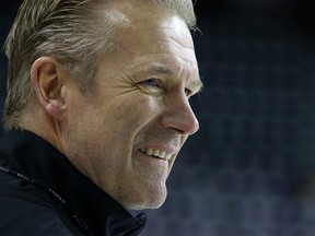 Calgary Flames newly appointed head coach Geoff Ward speaks to media after a practice at the Saddledome on Nov. 29, 2019.