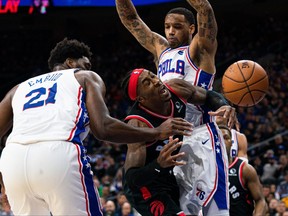 Raptors forward Rondae Hollis-Jefferson loses control of the ball while driving against Philadelphia 76ers centre Joel Embiid and guard Josh Richardson during the first quarter at Wells Fargo Center.