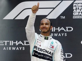 Mercedes' Lewis Hamilton celebrates after winning the bu Dhabi Grand Prix Dec. 1, 2019. REUTERS/Hamad I Mohammed