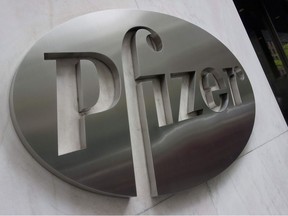 In this file photo taken on April 26, 2016 The Pfizer company logo is seen in front of Pfizers headquarters in New York.