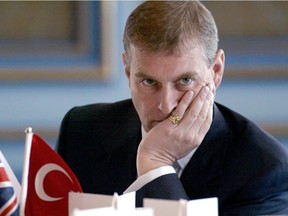 In this file photo taken on May 26, 2004, Britain's Prince Andrew pose before a speech during his meeting with Turkish Businessmen at Ciragan Palace in Istanbul.