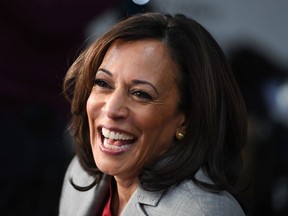 In this file photo taken on November 21, 2019 Democratic presidential hopeful California Senator Kamala Harris speaks to the press in the Spin Room after participating in the fifth Democratic primary debate of the 2020 presidential campaign season co-hosted by MSNBC and The Washington Post at Tyler Perry Studios in Atlanta, Georgia.