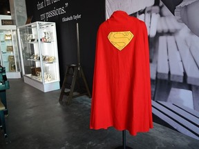 An original Superman cape worn by actor Christopher Reeve in the 1978 "Superman" film (estimate $100,000 -2000,000 $ USD) is displayed at Julien's Auctions house on December 13, 2019 ahead of Julien's Icons & Idols: Hollywood Auction which takes place on December 16, 2019.