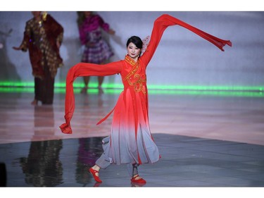 Miss Macau Yu Yanan performs during the the Miss World Final 2019 at the Excel arena in east London on Dec. 14, 2019.