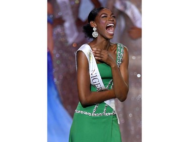 Miss Nigeria Nyekachi Douglas reacts during the the Miss World Final 2019 at the Excel arena in east London on Dec. 14, 2019.